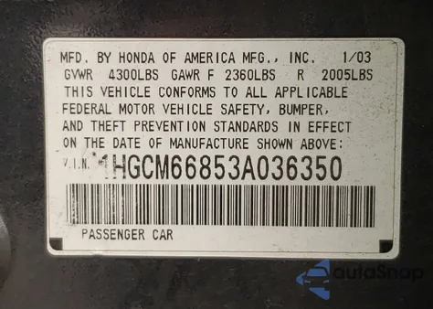 2003 Honda Accord Ex from USA, damaged, VIN 1HGCM66853A036350